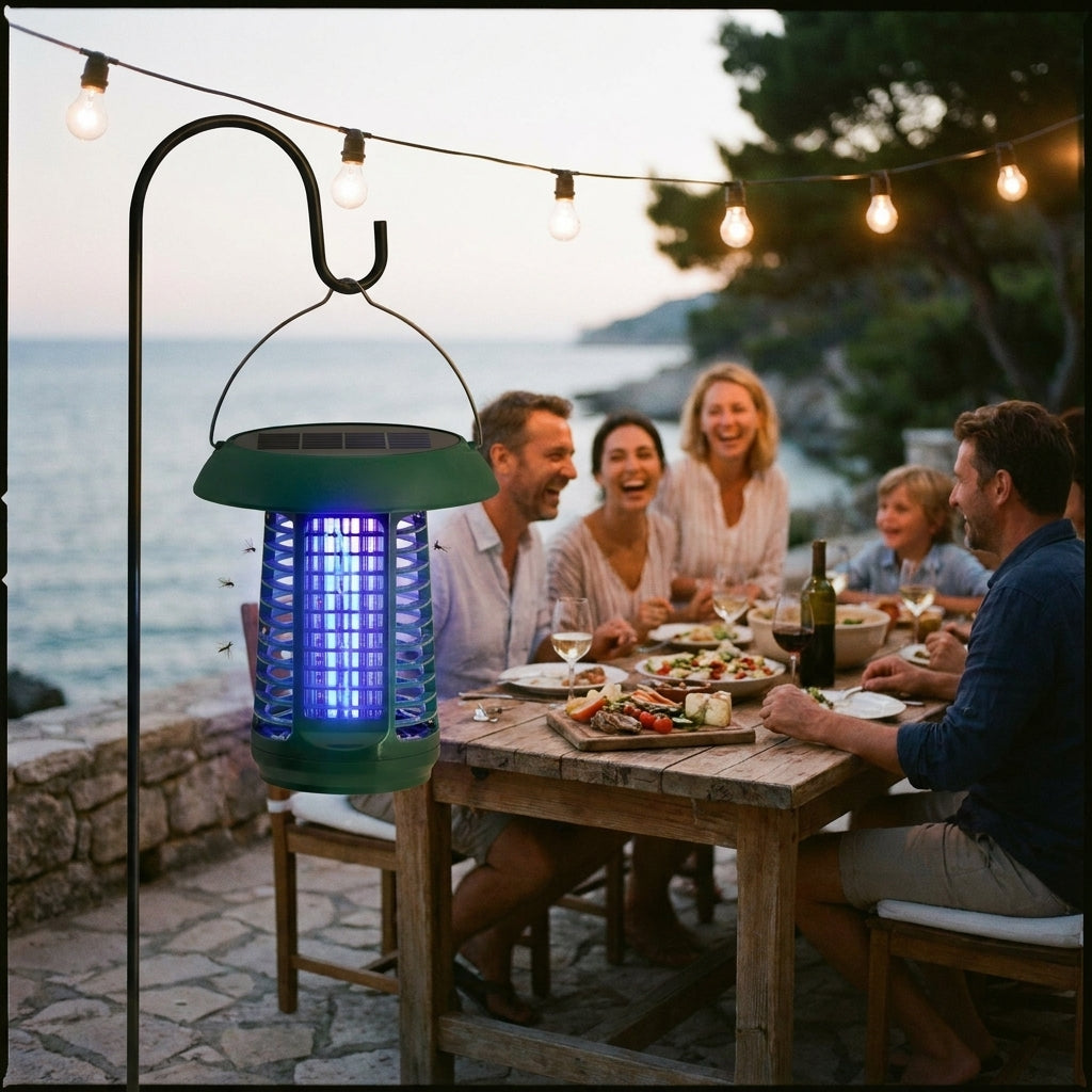Lámpara antimosquitos solar Mareta Nox iluminando una cena en el patio al anochecer