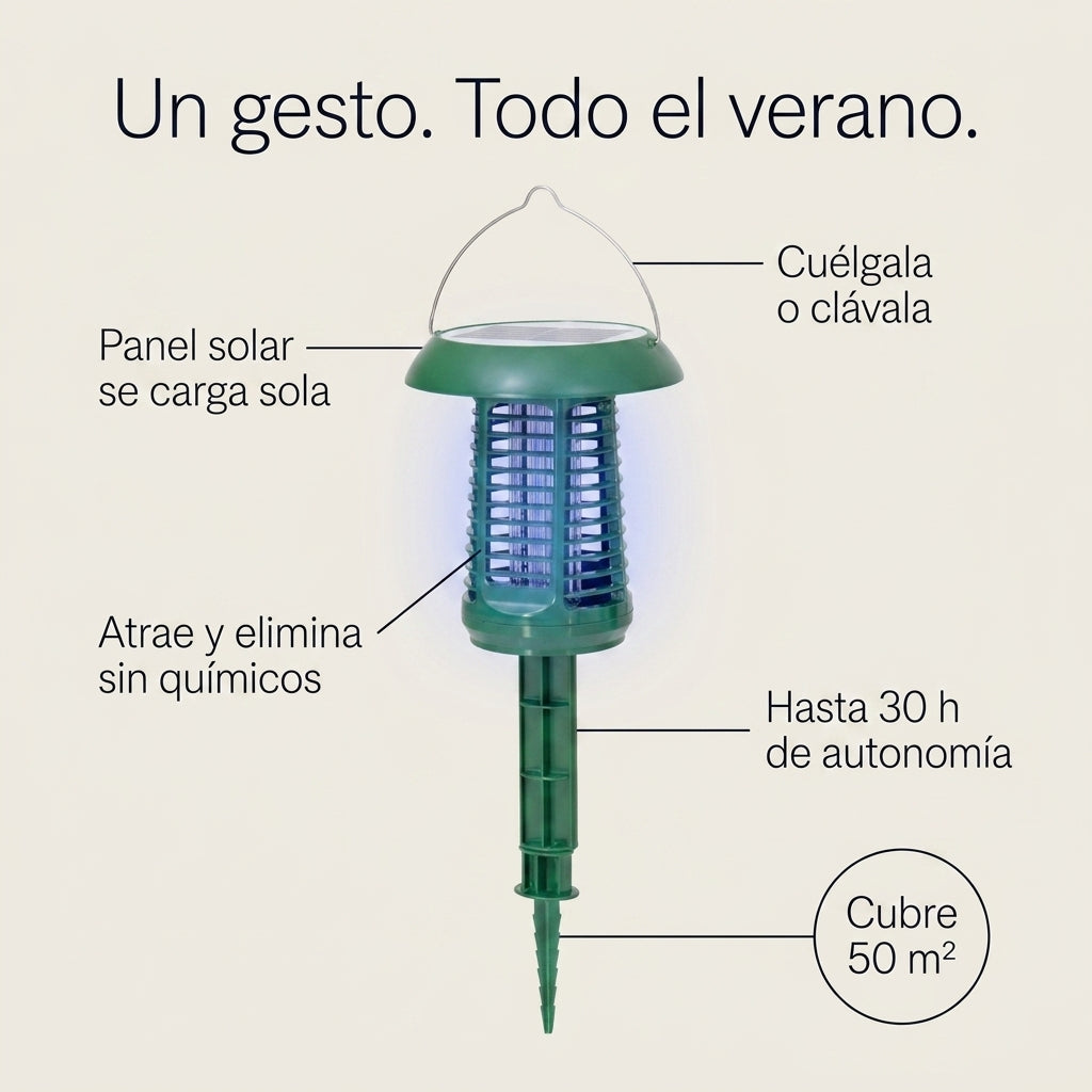 Infografía de especificaciones técnicas de la lámpara antimosquitos solar Mareta Nox