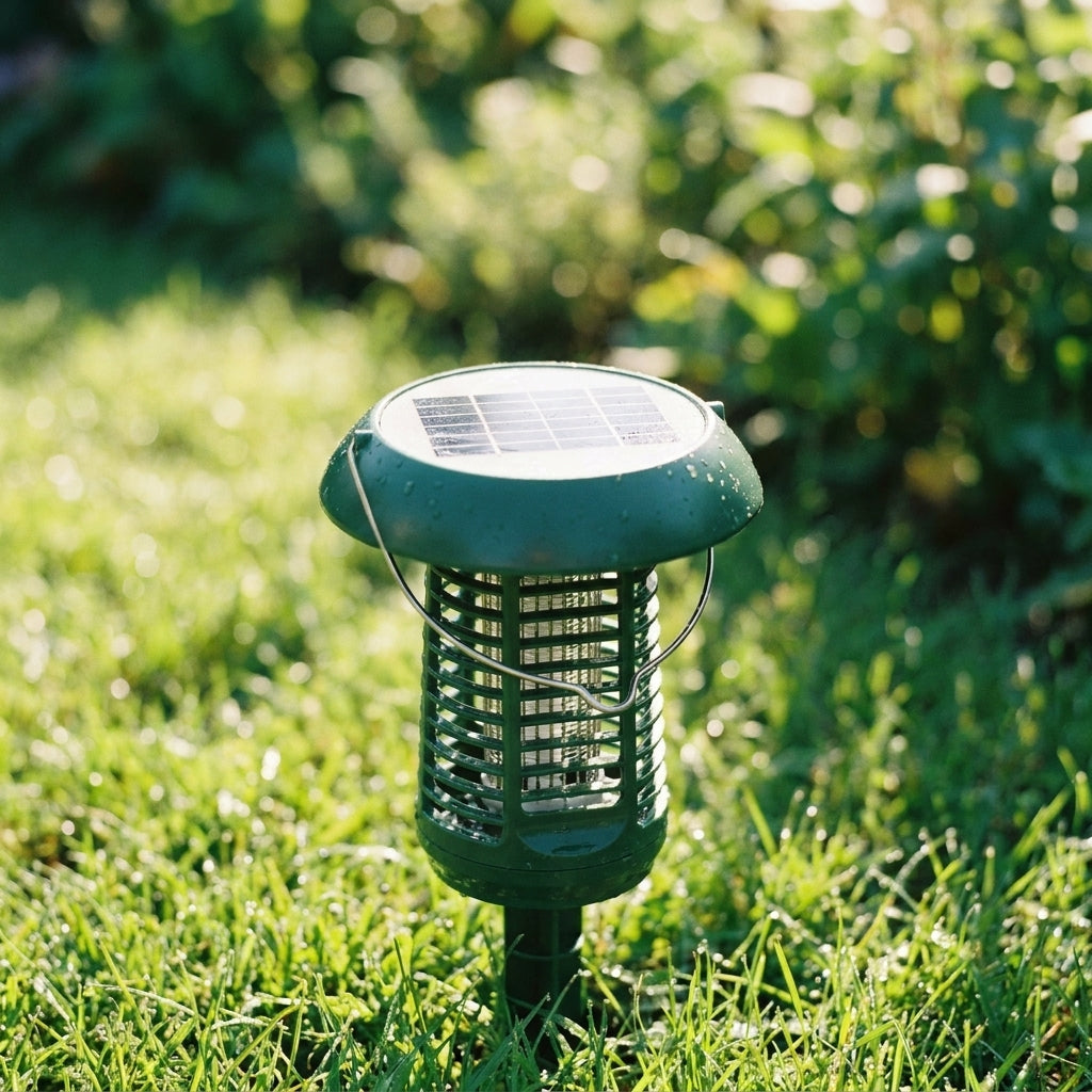 Panel solar de la lámpara antimosquitos Mareta Nox cargándose con la luz de la mañana