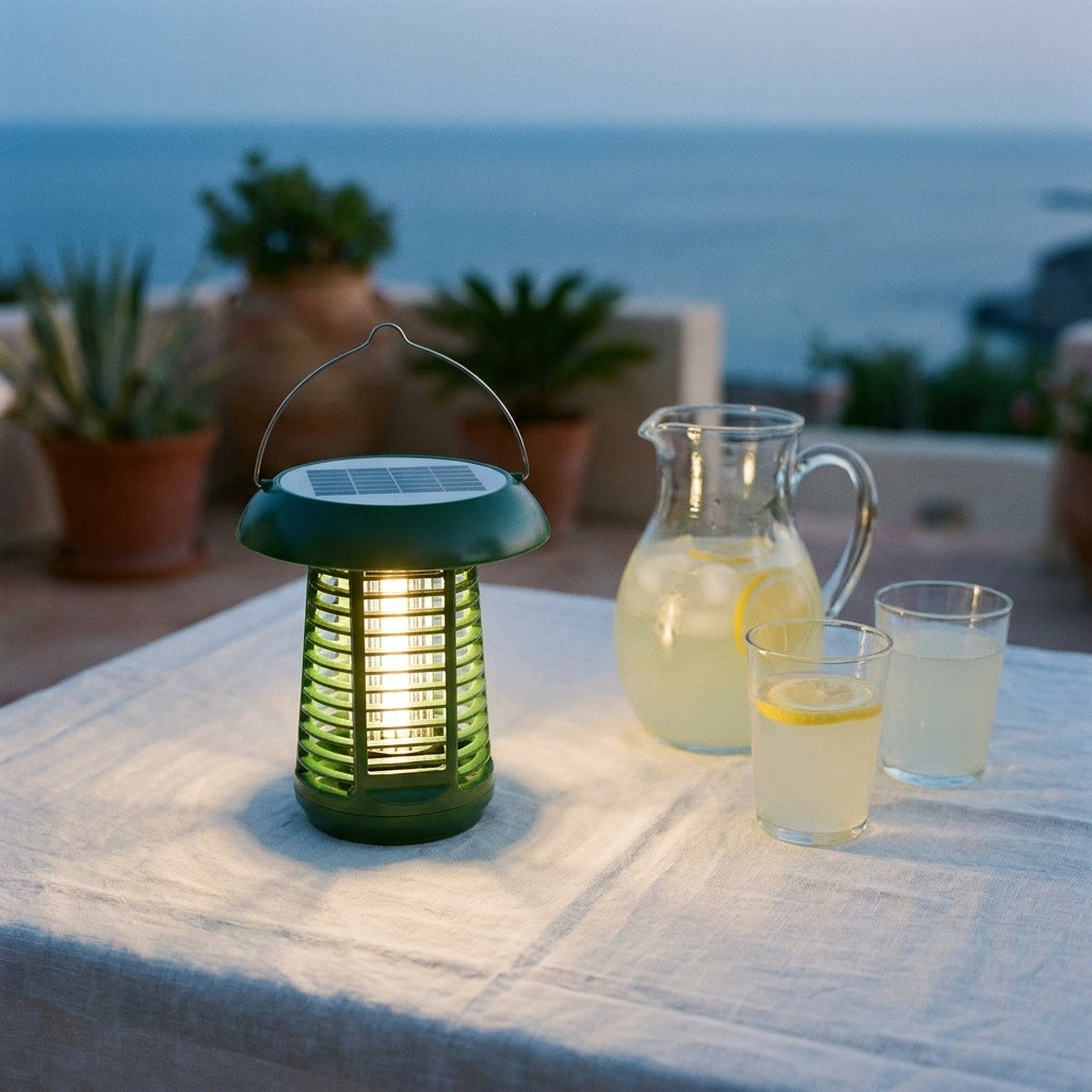 Lámpara antimosquitos Mareta Nox sobre la mesa de una terraza mediterránea